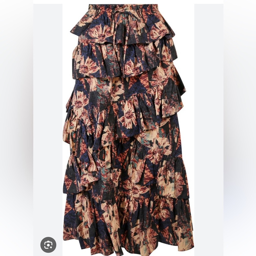 Ulla Johnson Floral Ruffle Maxi Skirt — Navy, Cream, Rust - Picture 2 of 6